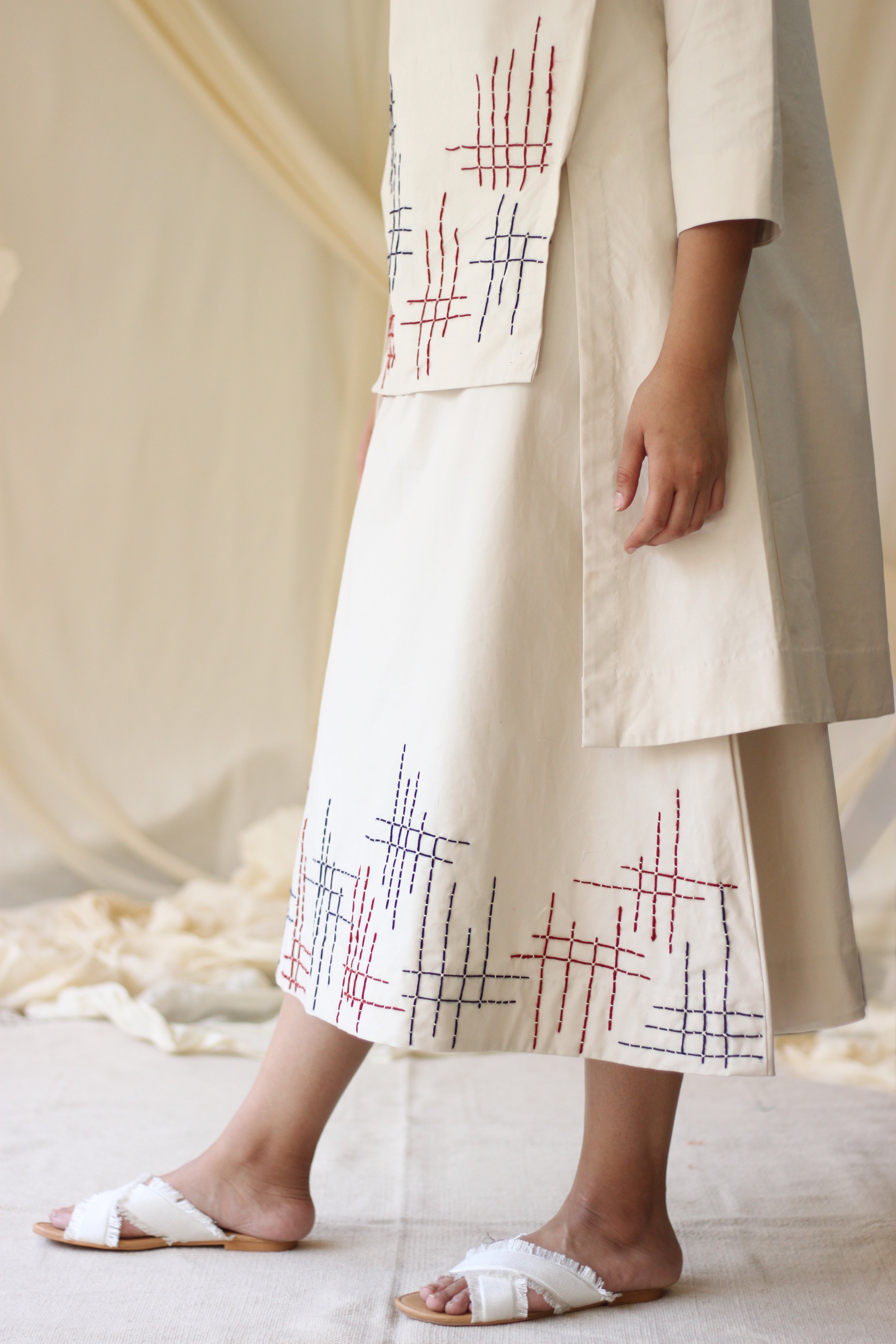 White Embroidered Tunic Complete Set at Kamakhyaa by Chambray & Co.. This item is Casual Wear, Co-ord Sets, Cotton, Natural, Regular Fit, Skirt Sets, Solids, Travel, Travel Co-ords, White, Womenswear