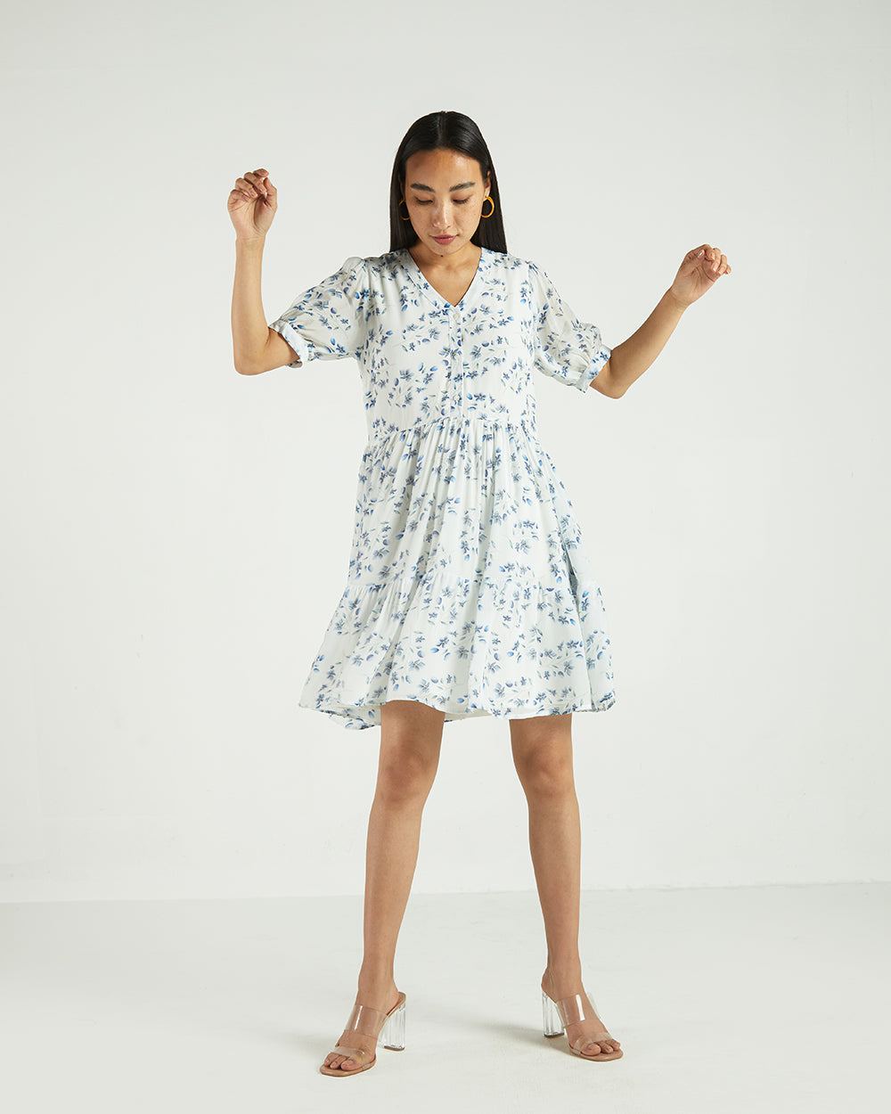 White Floral Dress at Kamakhyaa by Reistor. This item is Bemberg, Blue, Casual Wear, FB ADS JUNE, Mini Dresses, Natural, Printed Selfsame, Prints, Womenswear