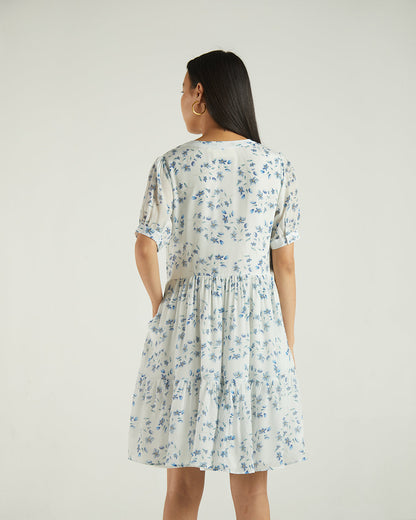 White Floral Dress at Kamakhyaa by Reistor. This item is Bemberg, Blue, Casual Wear, FB ADS JUNE, Mini Dresses, Natural, Printed Selfsame, Prints, Womenswear