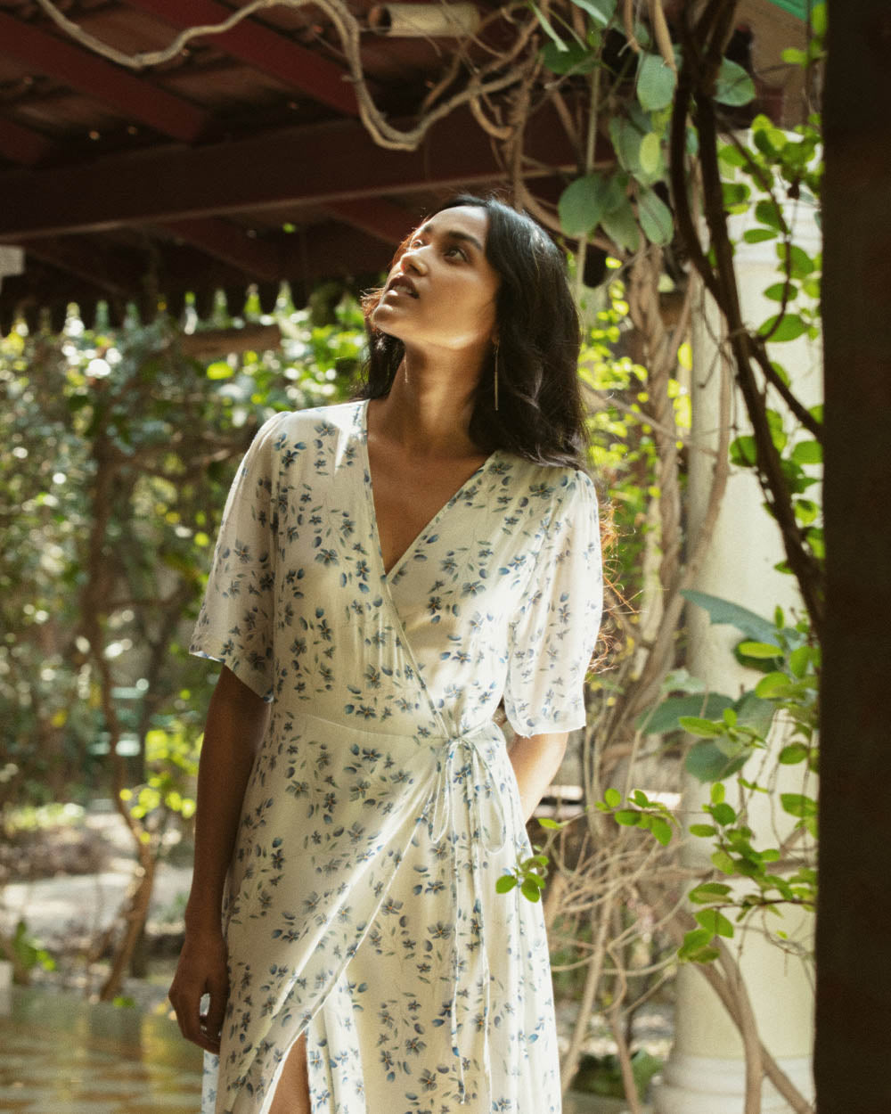 White Floral Wrap Dress at Kamakhyaa by Reistor. This item is Bemberg, Casual Wear, FB ADS JUNE, Natural, Printed Selfsame, Prints, White, Womenswear, Wrap Dresses