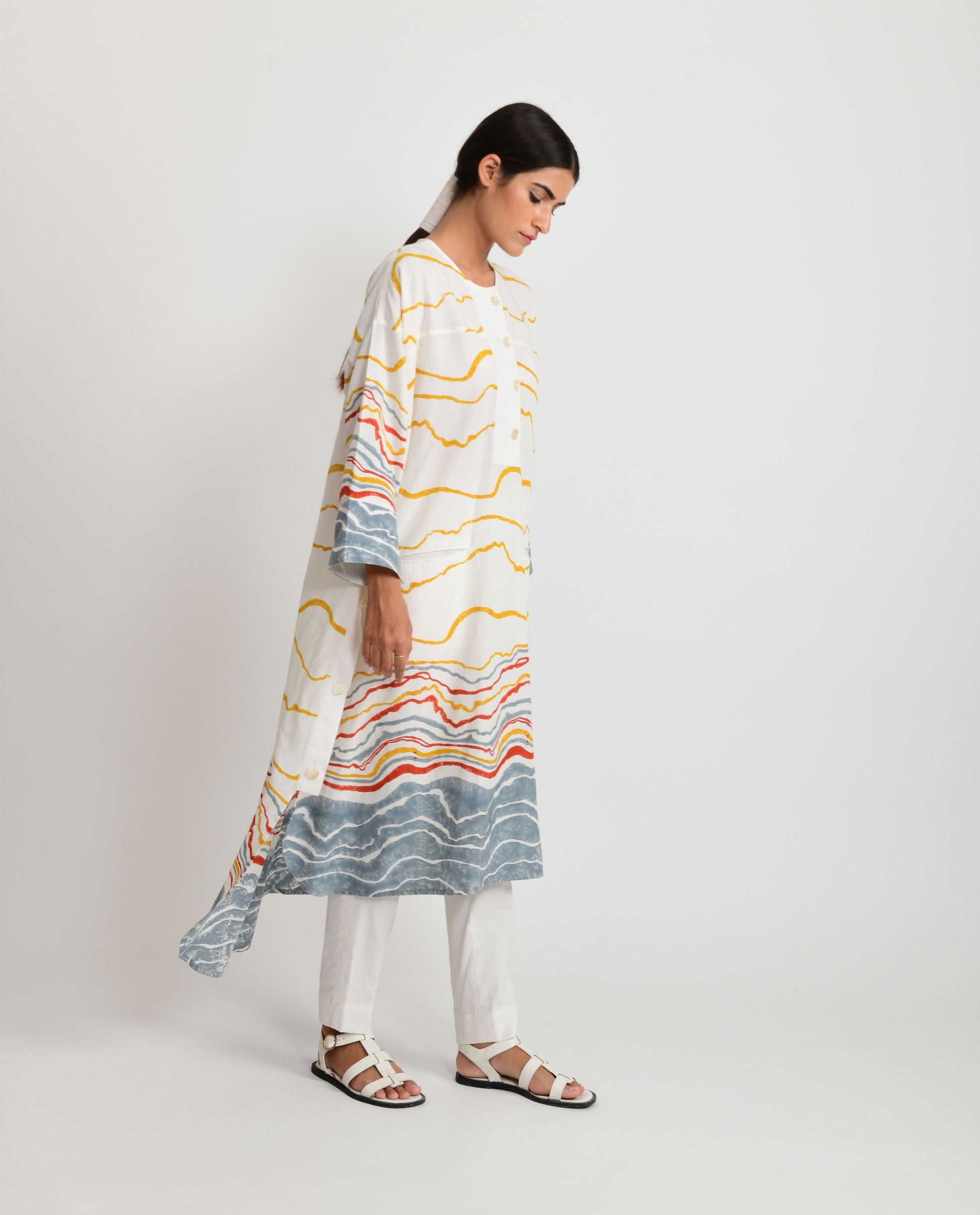 White Fossil Side Open Kurta at Kamakhyaa by Rias Jaipur. This item is Azo Free Dye, Bamboo, Block Prints, Casual Wear, Cotton, Kurtas, Parat, Regular Fit, White, Womenswear