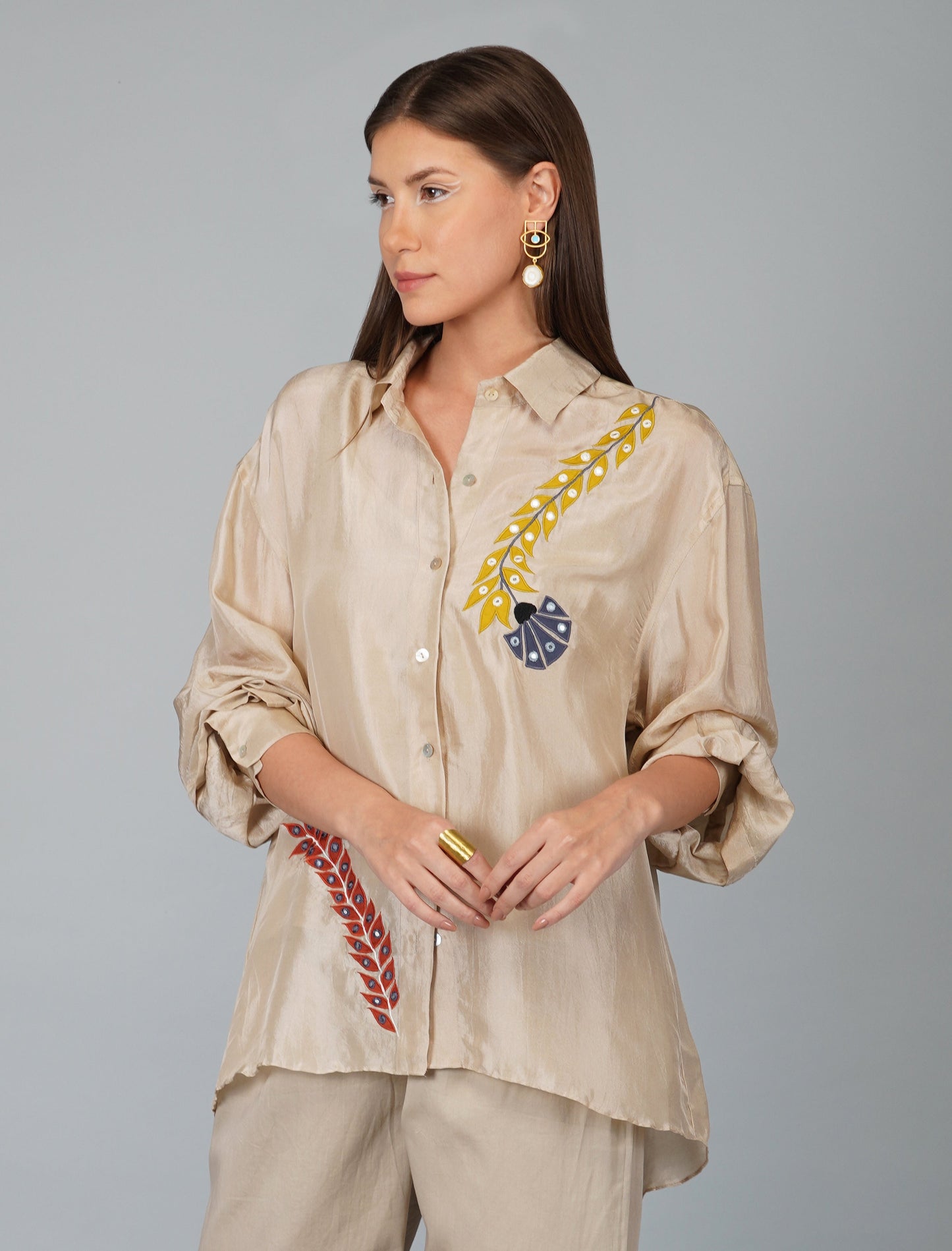 White Hand Embroidered Applique Flower Shirt at Kamakhyaa by Devyani Mehrotra. This item is Casual Wear, Natural, Patchwork, Pre Spring 2023, Relaxed Fit, Shirts, Viscose, White, Womenswear