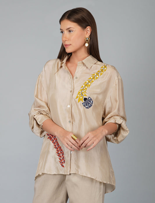 White Hand Embroidered Applique Flower Shirt at Kamakhyaa by Devyani Mehrotra. This item is Casual Wear, Natural, Patchwork, Pre Spring 2023, Relaxed Fit, Shirts, Viscose, White, Womenswear