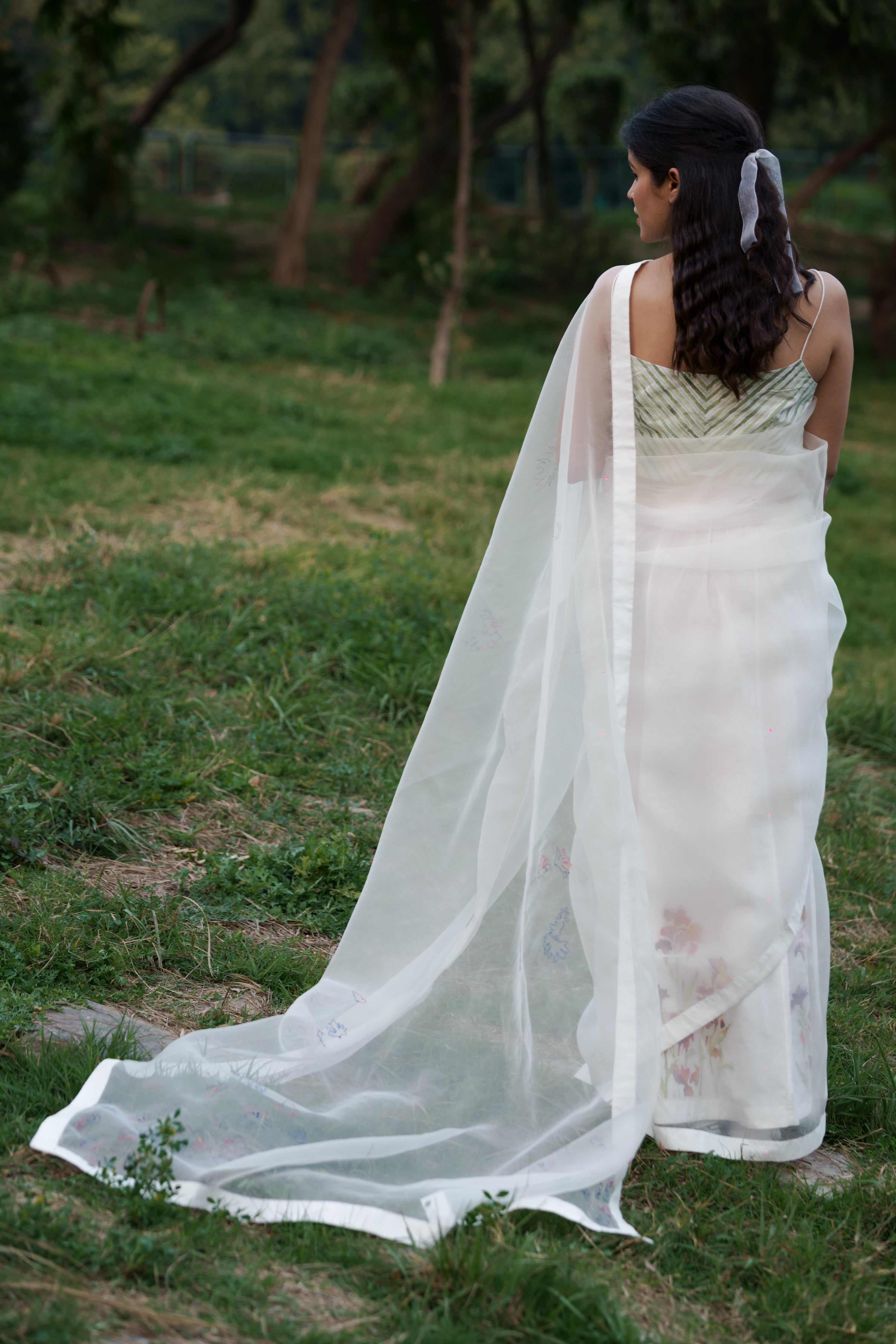 White Hand Embroidered Saree at Kamakhyaa by Ahmev. This item is Casual Wear, Cotton, Indian Wear, July Sale, July Sale 2023, Natural, Relaxed Fit, Sarees, Silk Organza, Stripes, White, Womenswear