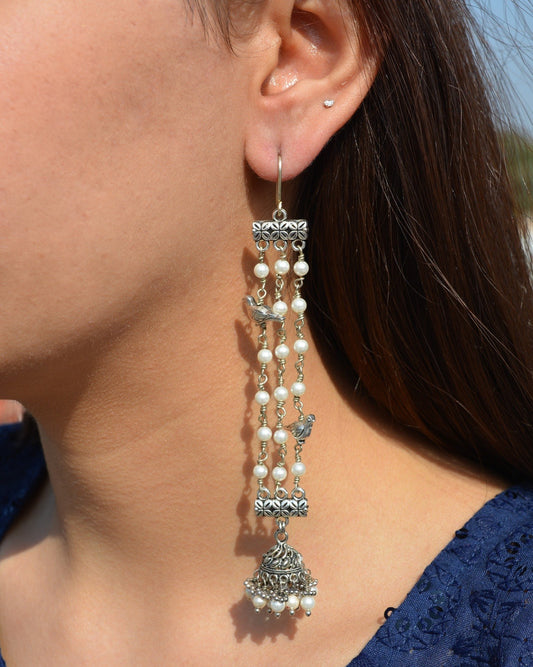 White Jhumkas Tassel Bird at Kamakhyaa by House Of Heer. This item is Alloy Metal, Danglers, Festive Jewellery, Festive Wear, Free Size, jewelry, July Sale, July Sale 2023, Less than $50, Natural, Pearl, Solids, Textured, White