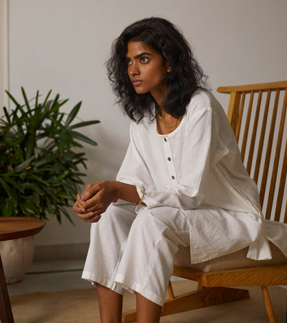 White Khadi Co-ord Set at Kamakhyaa by Khara Kapas. This item is Co-ord Sets, Cotton, Kaftan Set, Lounge Wear, Lounge Wear Co-ords, Natural, Regular Fit, Solids, White, Womenswear