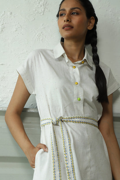 White Khadi Cotton Dress With Belt at Kamakhyaa by Canoopi. This item is Canoopi, Casual Wear, Dresses, Khadi, Natural, Regular Fit, Shirt Dresses, Solids, White, Womenswear