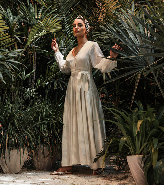 White Maxi Dress at Kamakhyaa by Khara Kapas. This item is Lost In paradise, Maxi Dresses, Mul Cotton, Natural, Regular Fit, Resort Wear, Solids, White, Womenswear, Wrap Dresses