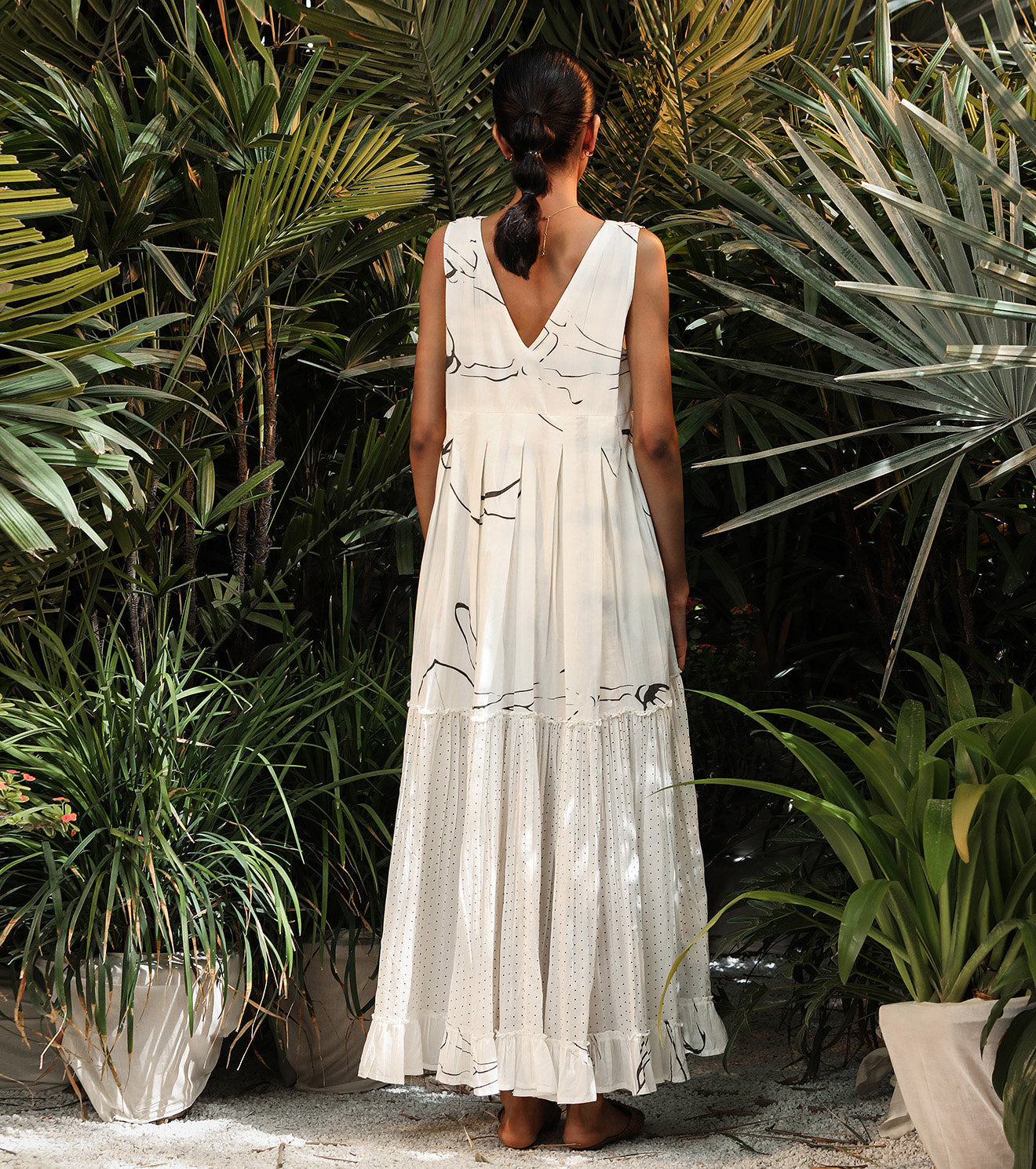 White Maxi Dress-Prints at Kamakhyaa by Khara Kapas. This item is Lost In paradise, Maxi Dresses, Mul Cotton, Natural, Prints, Resort Wear, Sleeveless Dresses, Tiered Dresses, White, Womenswear