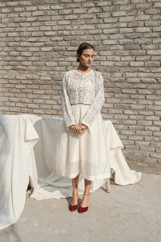 White Midi Dress And Slip at Kamakhyaa by Ahmev. This item is Casual Wear, Chanderi, FB ADS JUNE, Ink And Ivory, Midi Dresses, Natural, Prints, Relaxed Fit, White, Womenswear