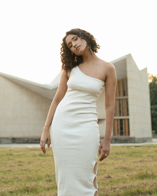 White Midi Dress at Kamakhyaa by Meko Studio. This item is Cotton, Evening Wear, July Sale, July Sale 2023, Midi Dresses, One Shoulder Dresses, Slim Fit, Solids, Tranquil AW-22/23, White, Womenswear