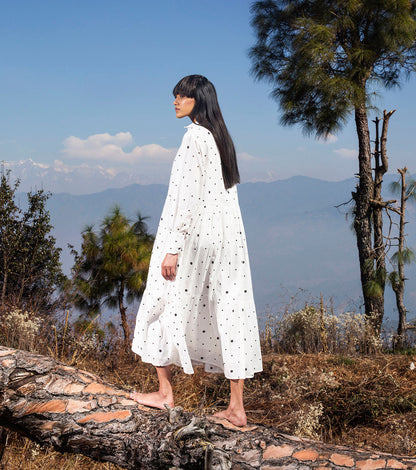 White Midi Dress With Polka Dot at Kamakhyaa by Khara Kapas. This item is Midi Dresses, Mul Cotton, Natural, Polka Dots, Prints, Regular Fit, Tiered Dresses, White, Wilderness, Womenswear