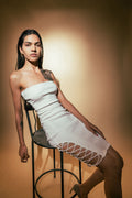 White Mini Dress at Kamakhyaa by Meko Studio. This item is Cotton, Deadstock Fabrics, Evening Wear, For Her, July Sale, July Sale 2023, Lycra, Mini Dresses, Off-Shoulder Dresses, Sleeveless Dresses, Slim Fit, Solids, Verao SS-22/23, White, Womenswear