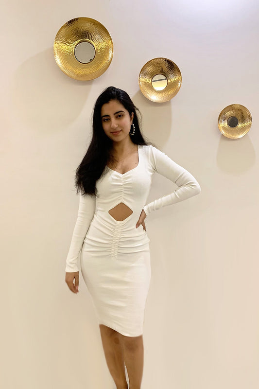 White Mini Dress at Kamakhyaa by Meko Studio. This item is Cut Out Dresses, Deadstock Fabrics, Evening Wear, For Her, July Sale, July Sale 2023, Mini Dresses, Reroot AW-21/22, Slim Fit, Solids, White, Womenswear