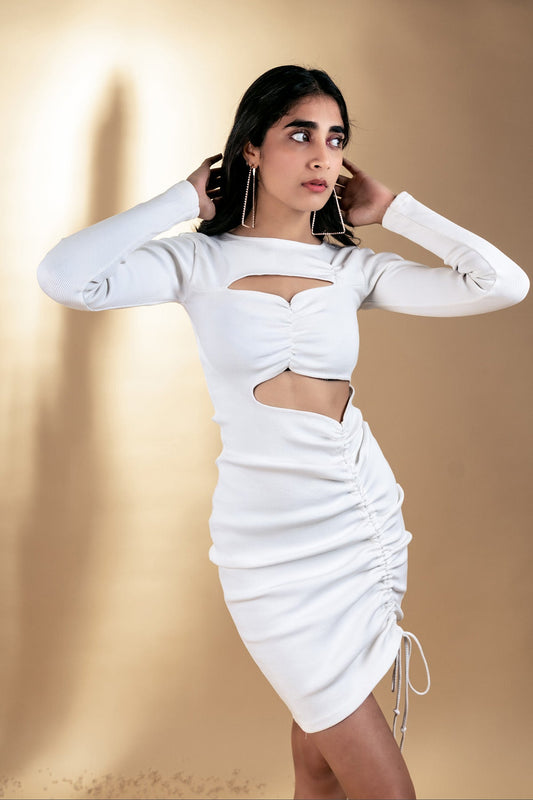White Mini Dress at Kamakhyaa by Meko Studio. This item is Cut Out Dresses, Deadstock Fabrics, Evening Wear, For Her, July Sale, July Sale 2023, Mini Dresses, Reroot AW-21/22, Slim Fit, Solid Selfmade, Solids, White, Womenswear