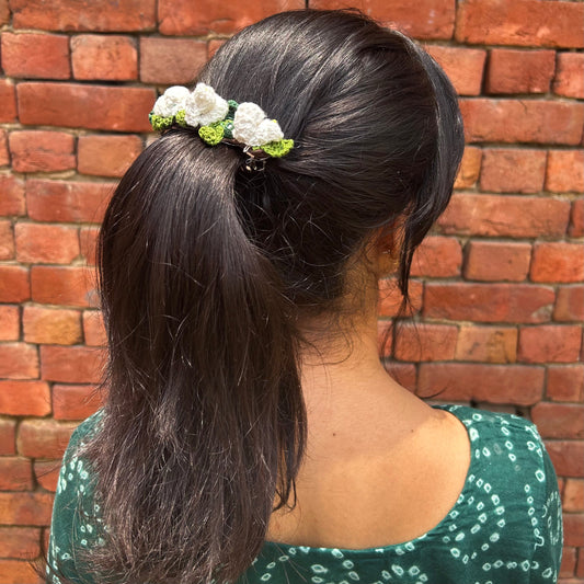 White Mogra Crochet Hair Clip at Kamakhyaa by Ikriit'm. This item is Accessories, Cotton yarn, Crochet, Free Size, Hair Accessories, Ikriit'm, Natural, White