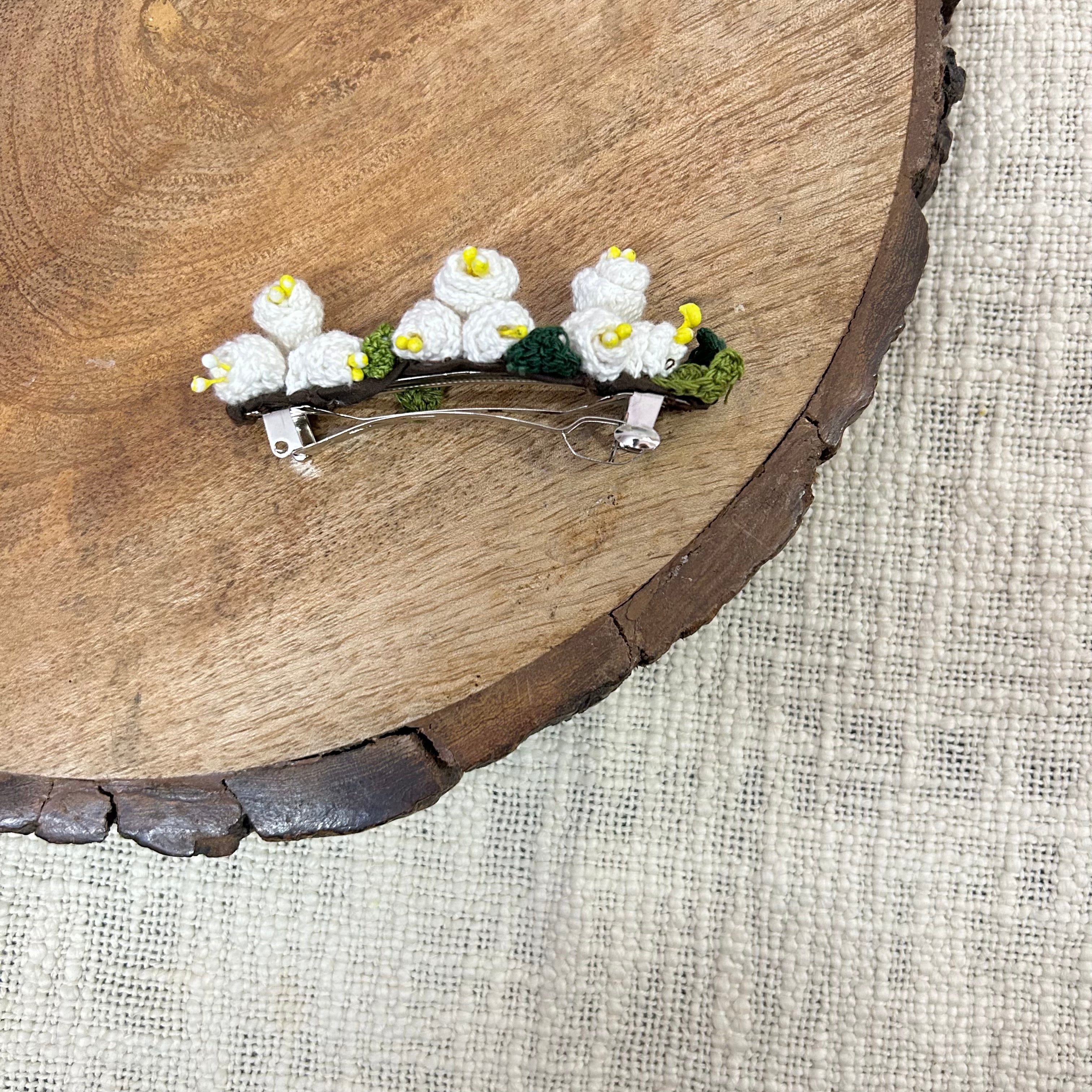 White Mogra Crochet Hair Clip at Kamakhyaa by Ikriit'm. This item is Accessories, Cotton yarn, Crochet, Free Size, Hair Accessories, Ikriit'm, Natural, White