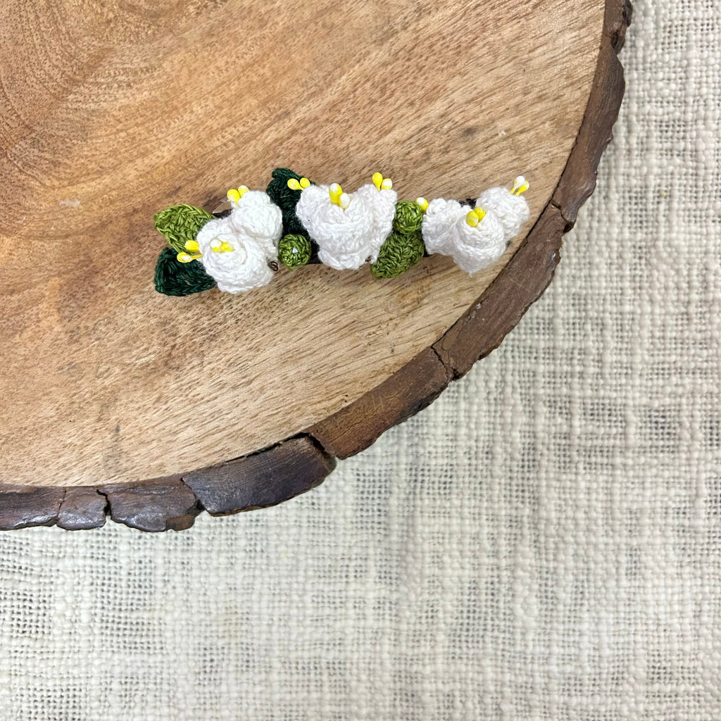White Mogra Crochet Hair Clip at Kamakhyaa by Ikriit'm. This item is Accessories, Cotton yarn, Crochet, Free Size, Hair Accessories, Ikriit'm, Natural, White