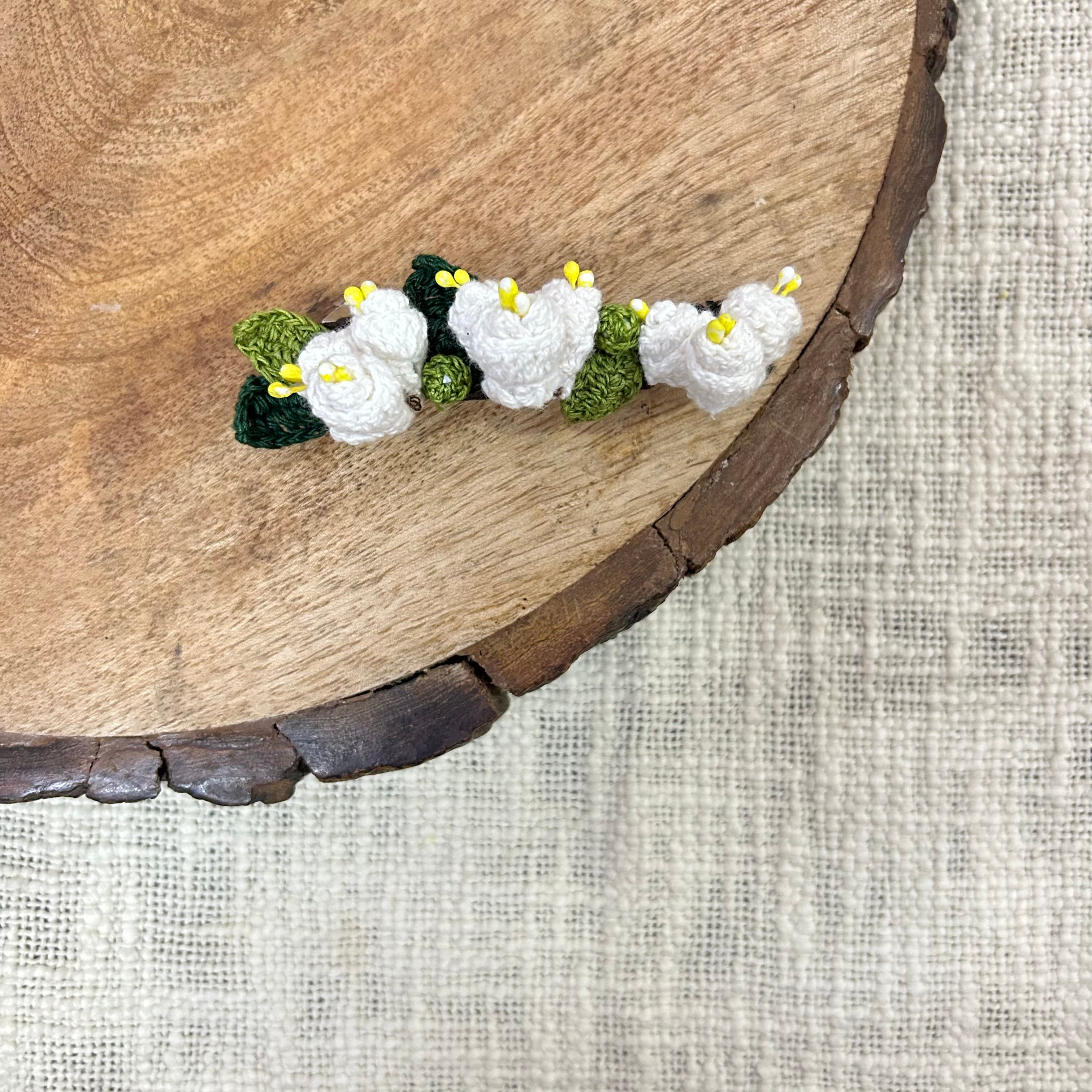 White Mogra Crochet Hair Clip at Kamakhyaa by Ikriit'm. This item is Accessories, Cotton yarn, Crochet, Free Size, Hair Accessories, Ikriit'm, Natural, White