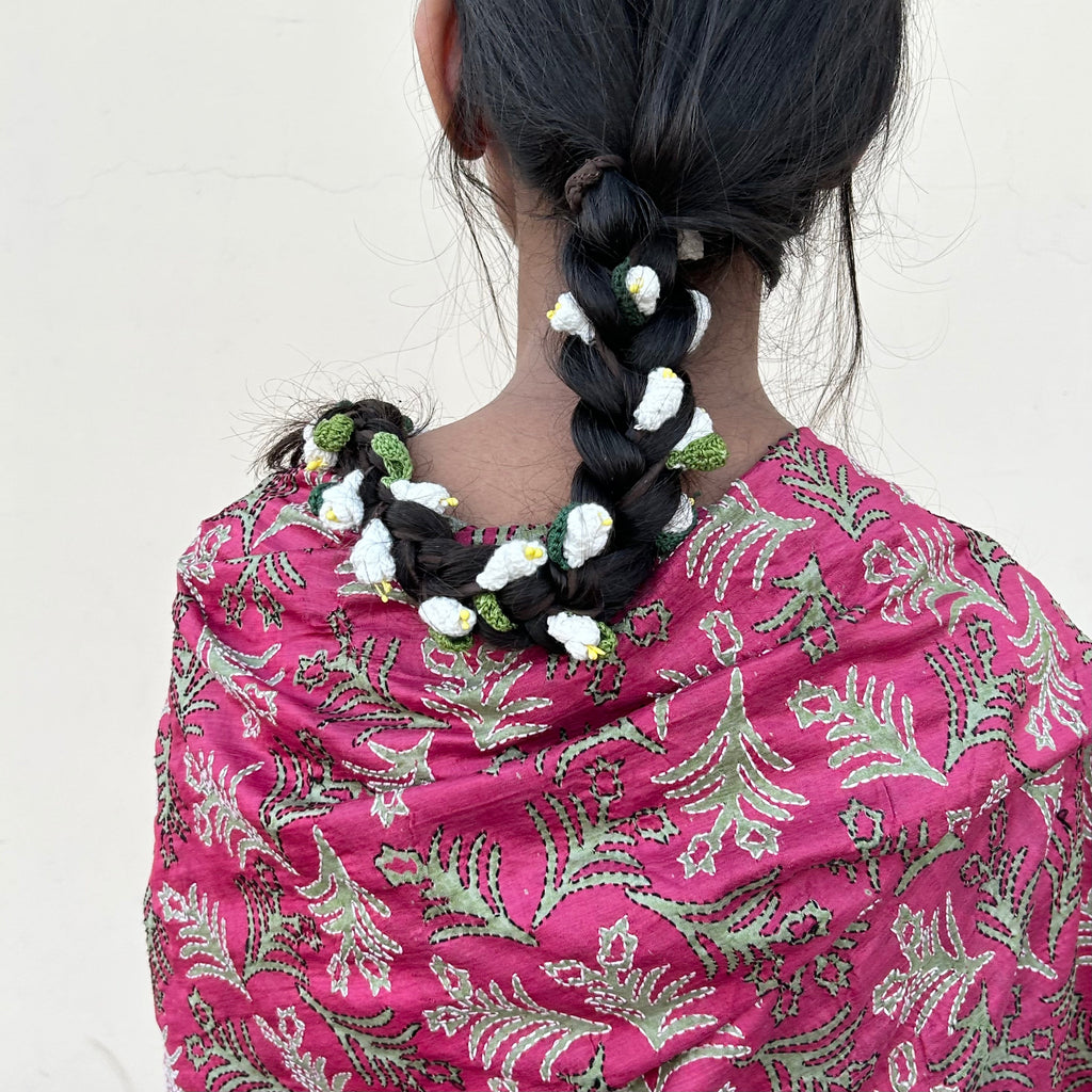 White Mogra Crochet Hair Parandi at Kamakhyaa by Ikriit'm. This item is Accessories, Cotton yarn, Crochet, Free Size, Hair Accessories, Ikriit'm, Natural, White