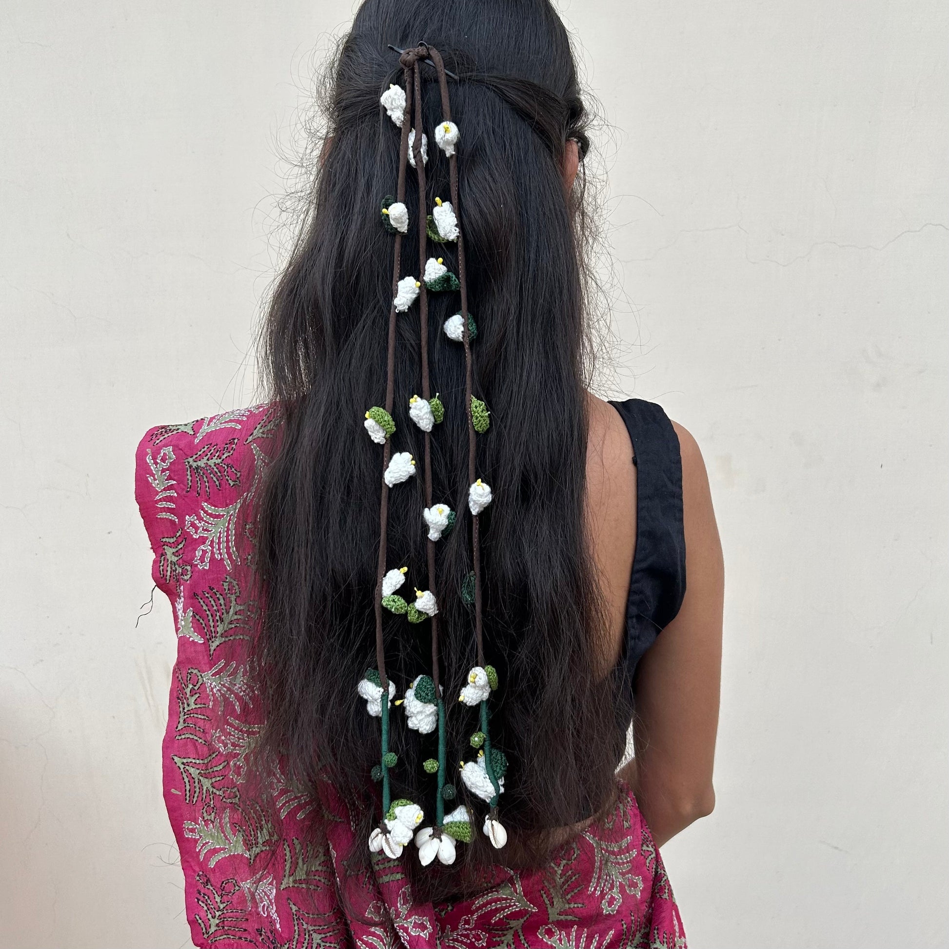 White Mogra Crochet Hair Parandi at Kamakhyaa by Ikriit'm. This item is Accessories, Cotton yarn, Crochet, Free Size, Hair Accessories, Ikriit'm, Natural, White