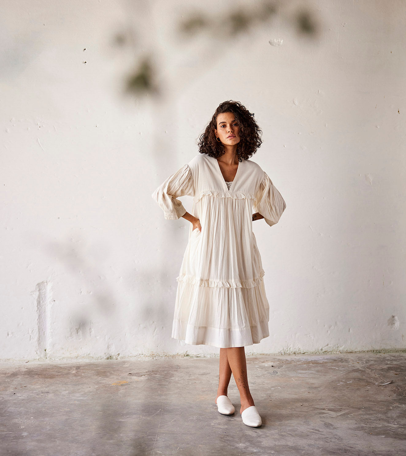 White Mulmul Cotton Dress at Kamakhyaa by Khara Kapas. This item is An Indian Summer, Casual Wear, Dresses, Linen, Mulmul cotton, Organic, Relaxed Fit, Solids, White, Womenswear