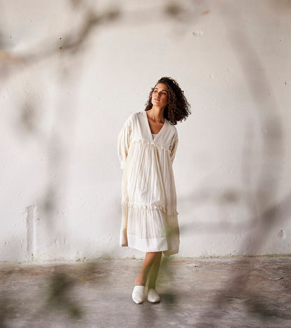 White Mulmul Cotton Dress at Kamakhyaa by Khara Kapas. This item is An Indian Summer, Casual Wear, Dresses, Linen, Mulmul cotton, Organic, Relaxed Fit, Solids, White, Womenswear
