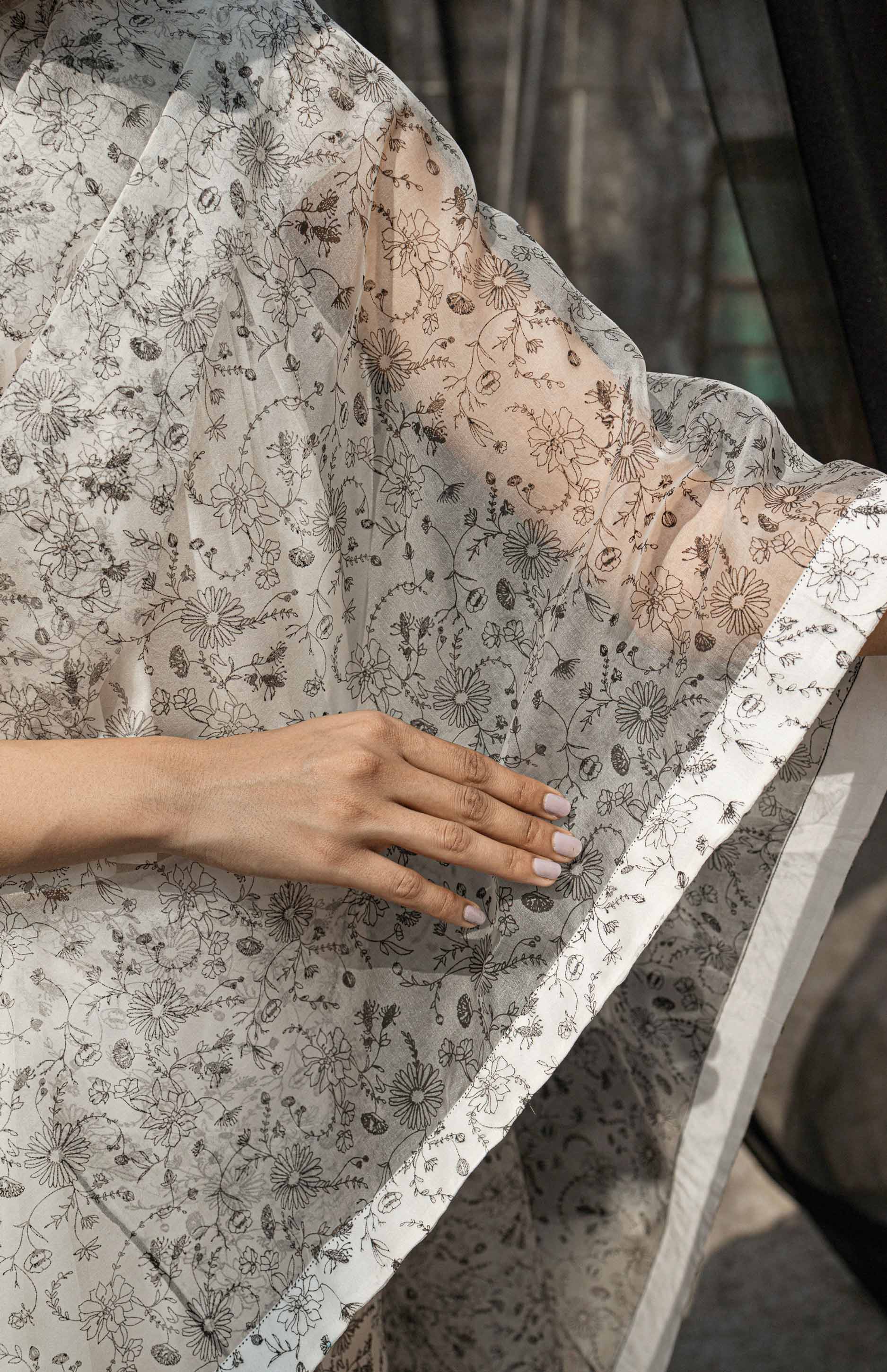 White Organza Saree at Kamakhyaa by Ahmev. This item is Casual Wear, For Mother, Free Size, Indian Wear, Ink And Ivory, Natural, Prints, Sarees, Silk Organza, White, Womenswear