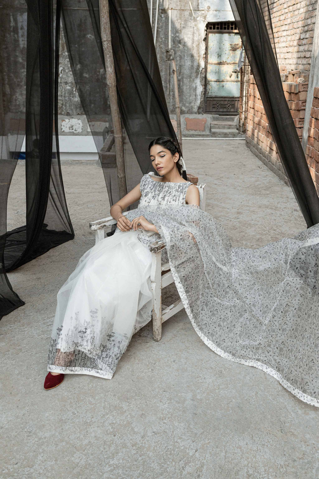 White Organza Saree at Kamakhyaa by Ahmev. This item is Casual Wear, For Mother, Free Size, Indian Wear, Ink And Ivory, Natural, Prints, Sarees, Silk Organza, White, Womenswear