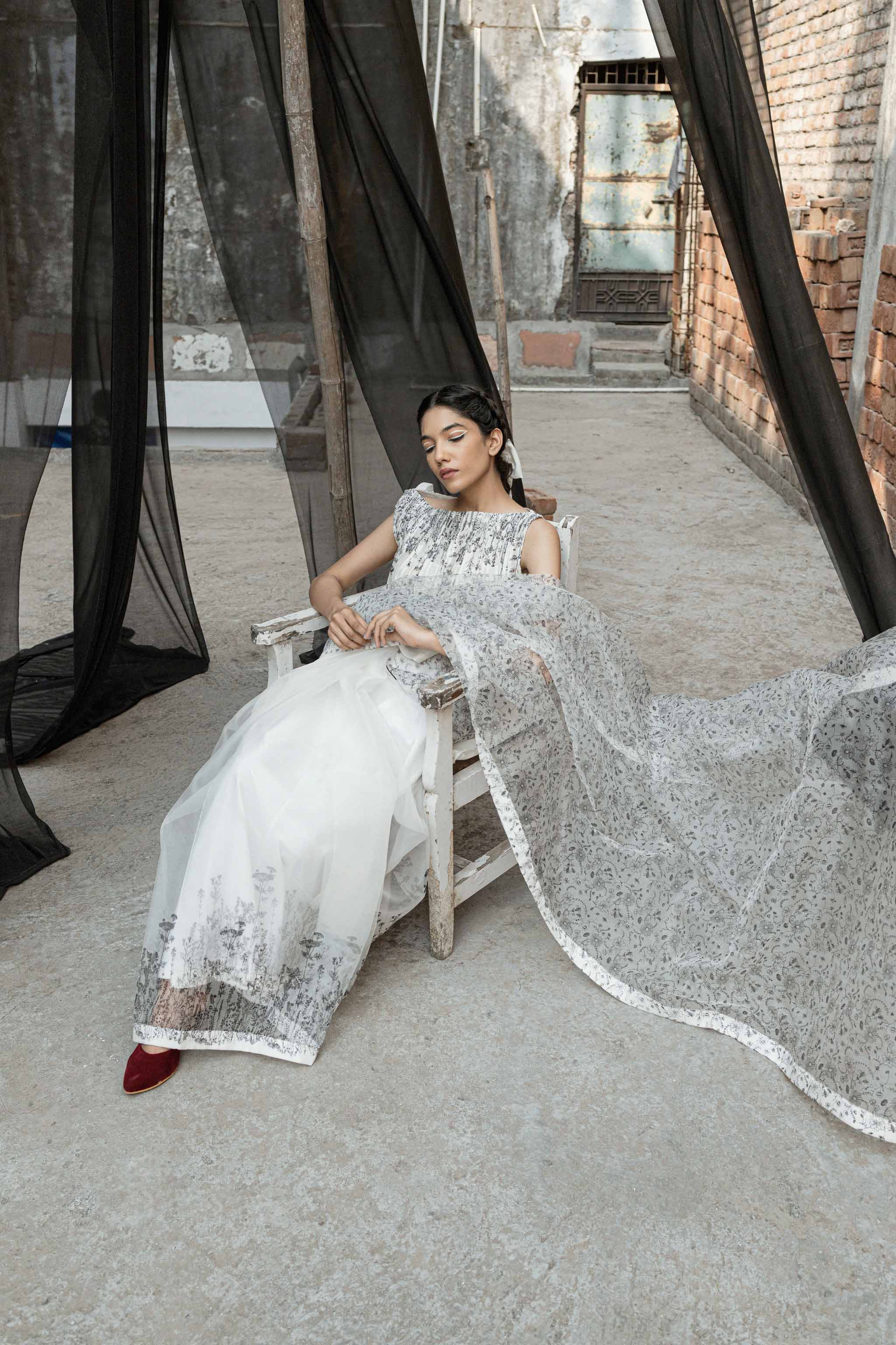 White Organza Saree at Kamakhyaa by Ahmev. This item is Casual Wear, For Mother, Free Size, Indian Wear, Ink And Ivory, Natural, Prints, Sarees, Silk Organza, White, Womenswear