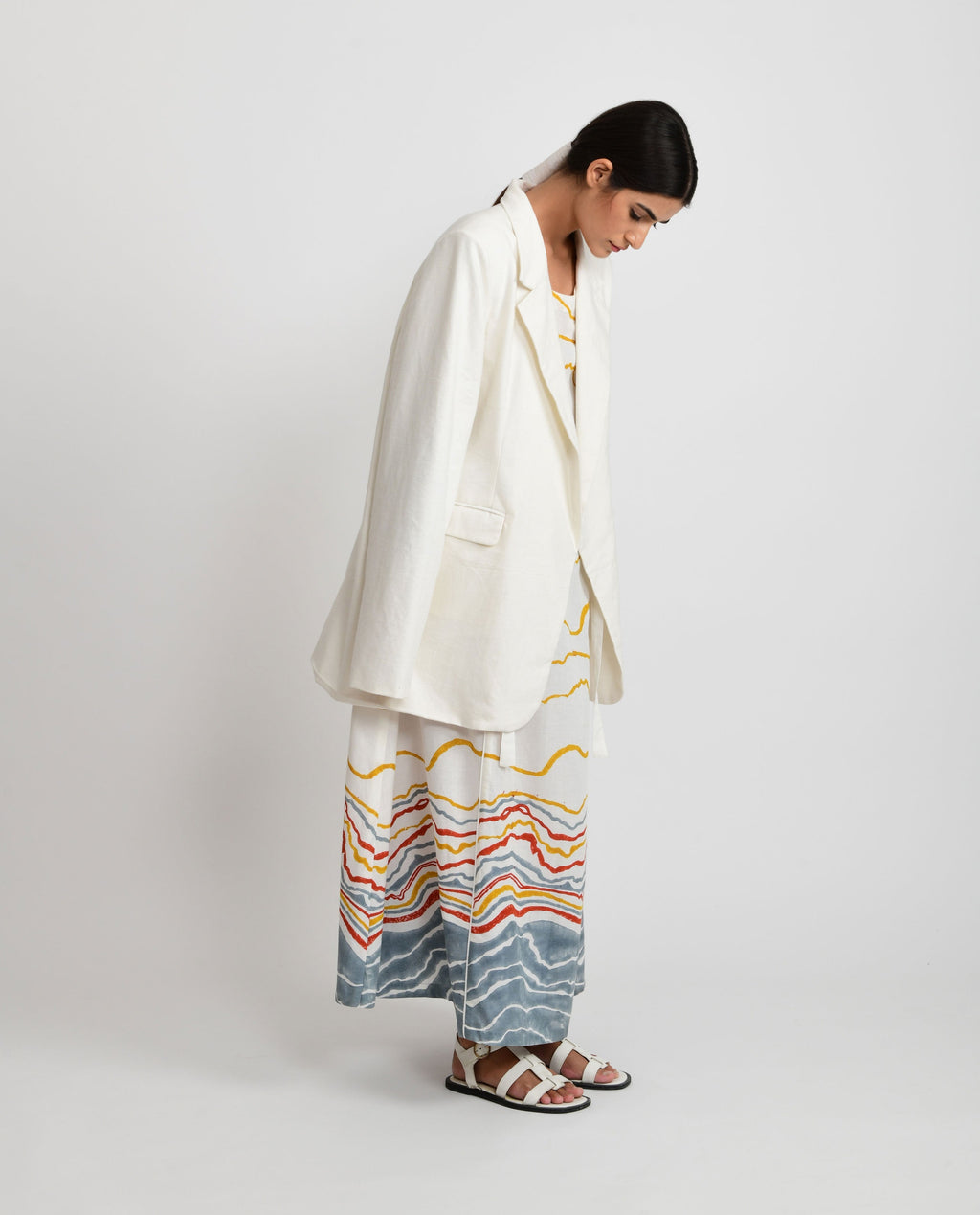 White Oversized Sand Coat at Kamakhyaa by Rias Jaipur. This item is Azo Free Dye, Bamboo, Block Prints, Casual Wear, Coats, Cotton, Parat, Regular Fit, White, Womenswear