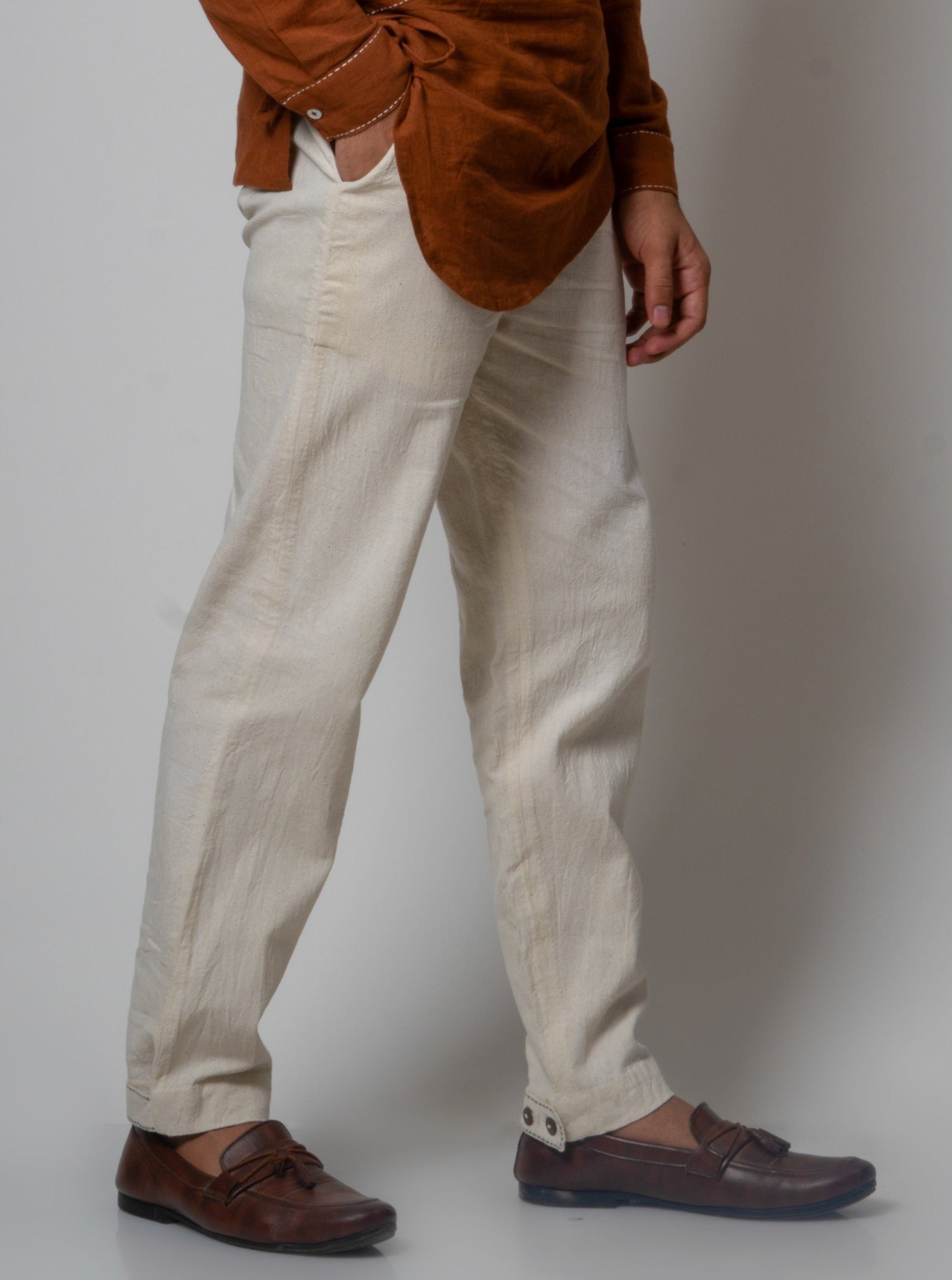 White Pants- Mens at Kamakhyaa by Lafaani. This item is Bottoms, Casual Wear, Cotton, For Him, Mens Bottom, Menswear, Natural, Pants, Regular Fit, Solids, White