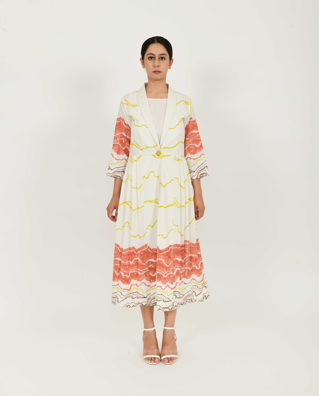 White Pleated Jacket Dress Set of 2 at Kamakhyaa by Rias Jaipur. This item is Azo Free Dye, Bamboo, Block Prints, Casual Wear, Cotton, Dress Sets, Parat, Regular Fit, White, Womenswear