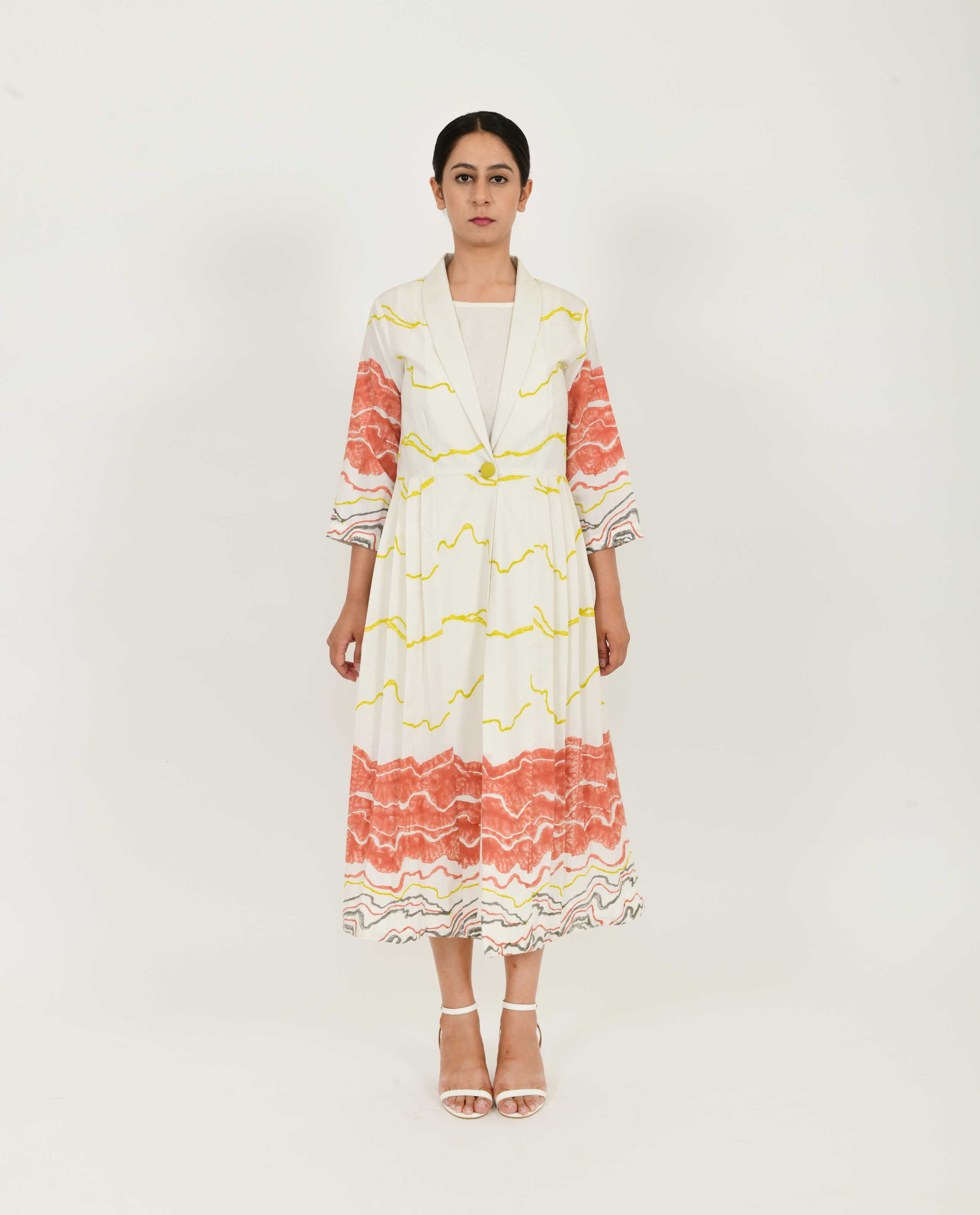 White Pleated Jacket Dress Set of 2 at Kamakhyaa by Rias Jaipur. This item is Azo Free Dye, Bamboo, Block Prints, Casual Wear, Cotton, Dress Sets, Parat, Regular Fit, White, Womenswear