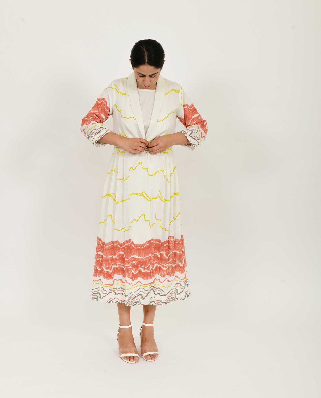 White Pleated Jacket Dress Set of 2 at Kamakhyaa by Rias Jaipur. This item is Azo Free Dye, Bamboo, Block Prints, Casual Wear, Cotton, Dress Sets, Parat, Regular Fit, White, Womenswear