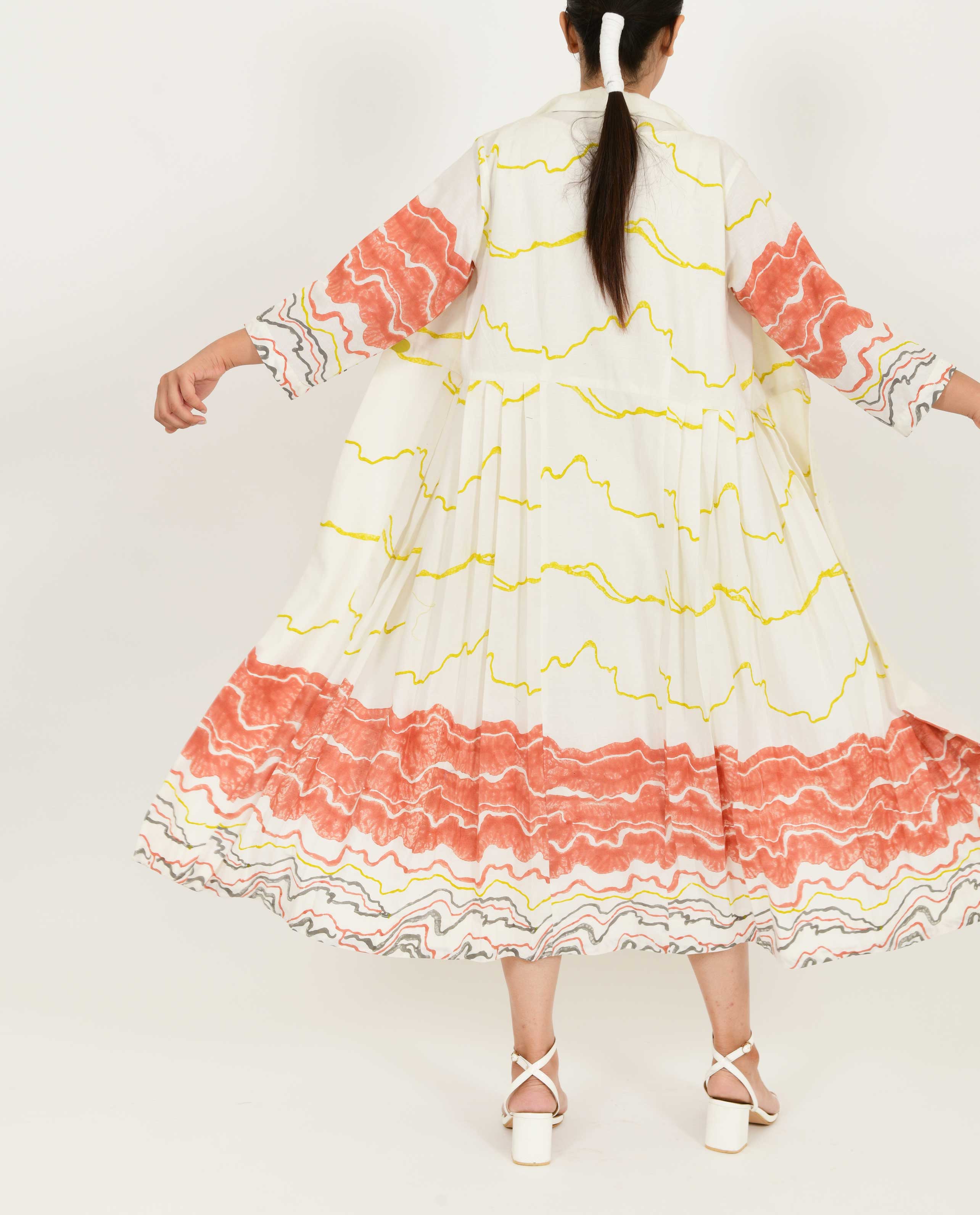 White Pleated Jacket Dress Set of 2 at Kamakhyaa by Rias Jaipur. This item is Azo Free Dye, Bamboo, Block Prints, Casual Wear, Cotton, Dress Sets, Parat, Regular Fit, White, Womenswear