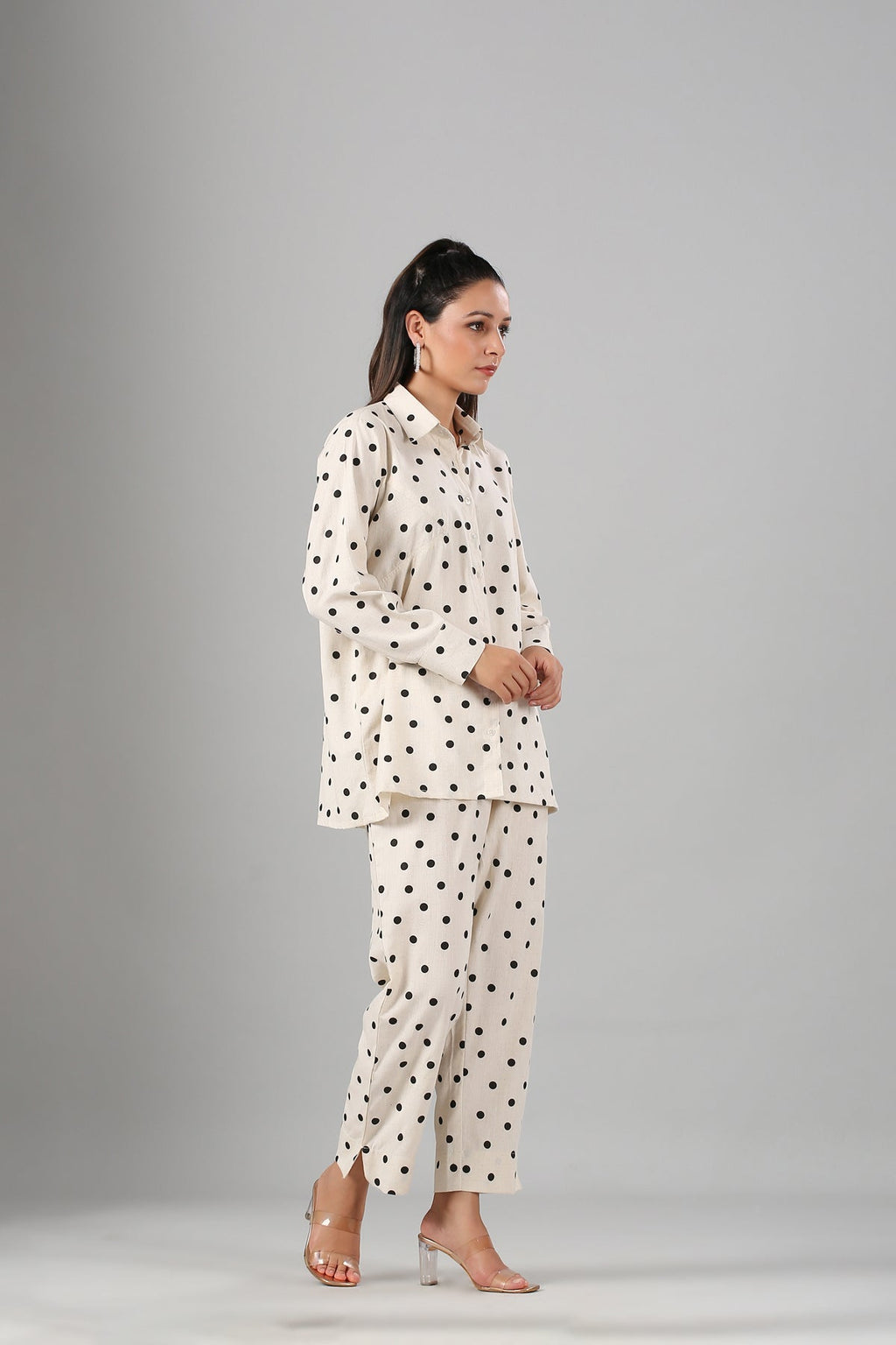 White Polka Co ord Set at Kamakhyaa by MOH-The Eternal Dhaga. This item is Cotton, Cotton Slub, Moh-The eternal Dhaga, Natural, Office Wear, Office Wear Co-ords, Polka Dots, Prints, Relaxed Fit, White, Womenswear