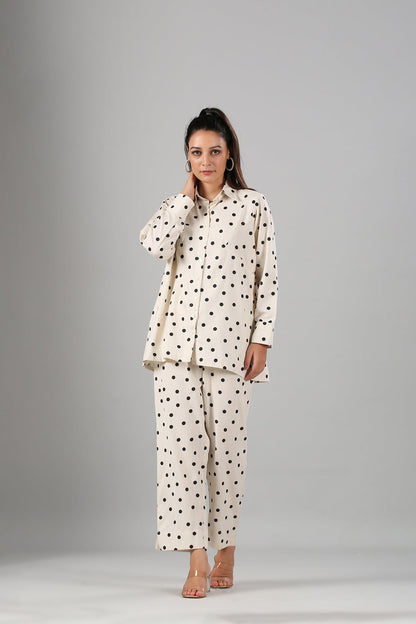 White Polka Co ord Set at Kamakhyaa by MOH-The Eternal Dhaga. This item is Cotton, Cotton Slub, Moh-The eternal Dhaga, Natural, Office Wear, Office Wear Co-ords, Polka Dots, Prints, Relaxed Fit, White, Womenswear