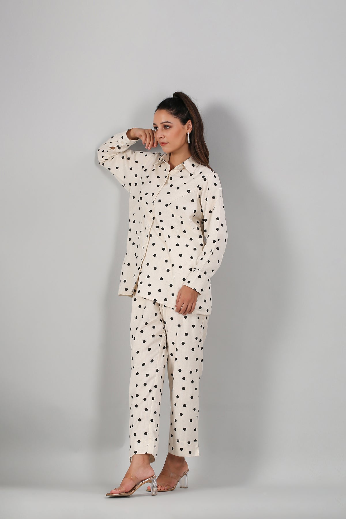 White Polka Co ord Set at Kamakhyaa by MOH-The Eternal Dhaga. This item is Cotton, Cotton Slub, Moh-The eternal Dhaga, Natural, Office Wear, Office Wear Co-ords, Polka Dots, Prints, Relaxed Fit, White, Womenswear