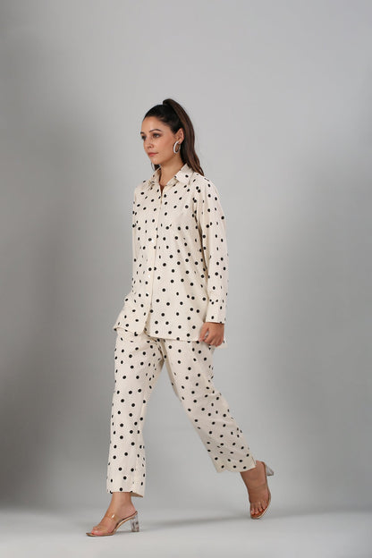 White Polka Co ord Set at Kamakhyaa by MOH-The Eternal Dhaga. This item is Cotton, Cotton Slub, Moh-The eternal Dhaga, Natural, Office Wear, Office Wear Co-ords, Polka Dots, Prints, Relaxed Fit, White, Womenswear