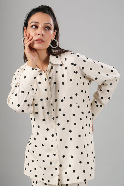 White Polka Co ord Set at Kamakhyaa by MOH-The Eternal Dhaga. This item is Cotton, Cotton Slub, Moh-The eternal Dhaga, Natural, Office Wear, Office Wear Co-ords, Polka Dots, Prints, Relaxed Fit, White, Womenswear