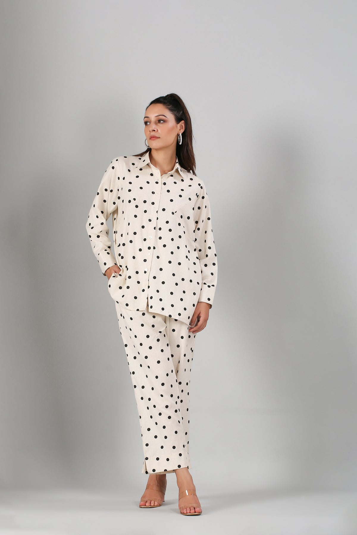 White Polka Co ord Set at Kamakhyaa by MOH-The Eternal Dhaga. This item is Cotton, Cotton Slub, Moh-The eternal Dhaga, Natural, Office Wear, Office Wear Co-ords, Polka Dots, Prints, Relaxed Fit, White, Womenswear