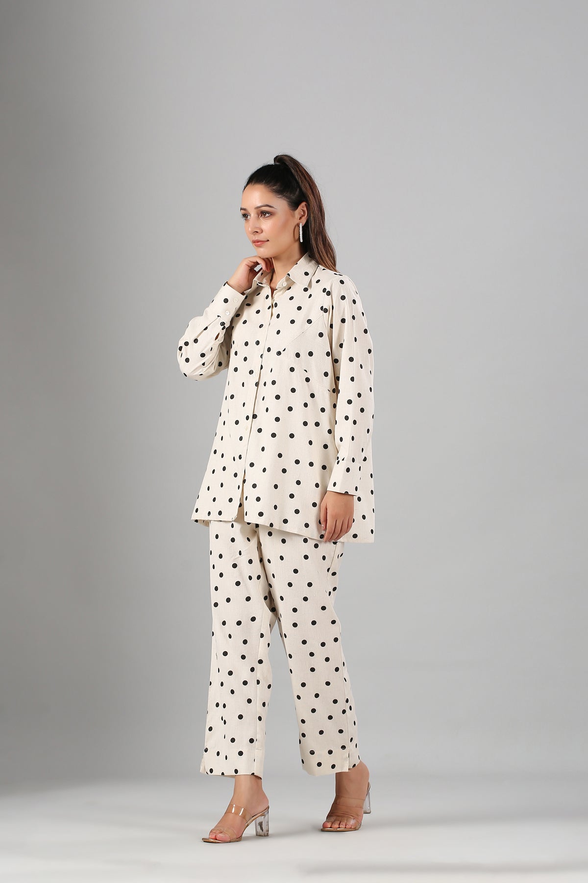 White Polka Co ord Set at Kamakhyaa by MOH-The Eternal Dhaga. This item is Cotton, Cotton Slub, Moh-The eternal Dhaga, Natural, Office Wear, Office Wear Co-ords, Polka Dots, Prints, Relaxed Fit, White, Womenswear