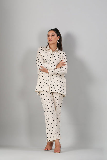 White Polka Co ord Set at Kamakhyaa by MOH-The Eternal Dhaga. This item is Cotton, Cotton Slub, Moh-The eternal Dhaga, Natural, Office Wear, Office Wear Co-ords, Polka Dots, Prints, Relaxed Fit, White, Womenswear