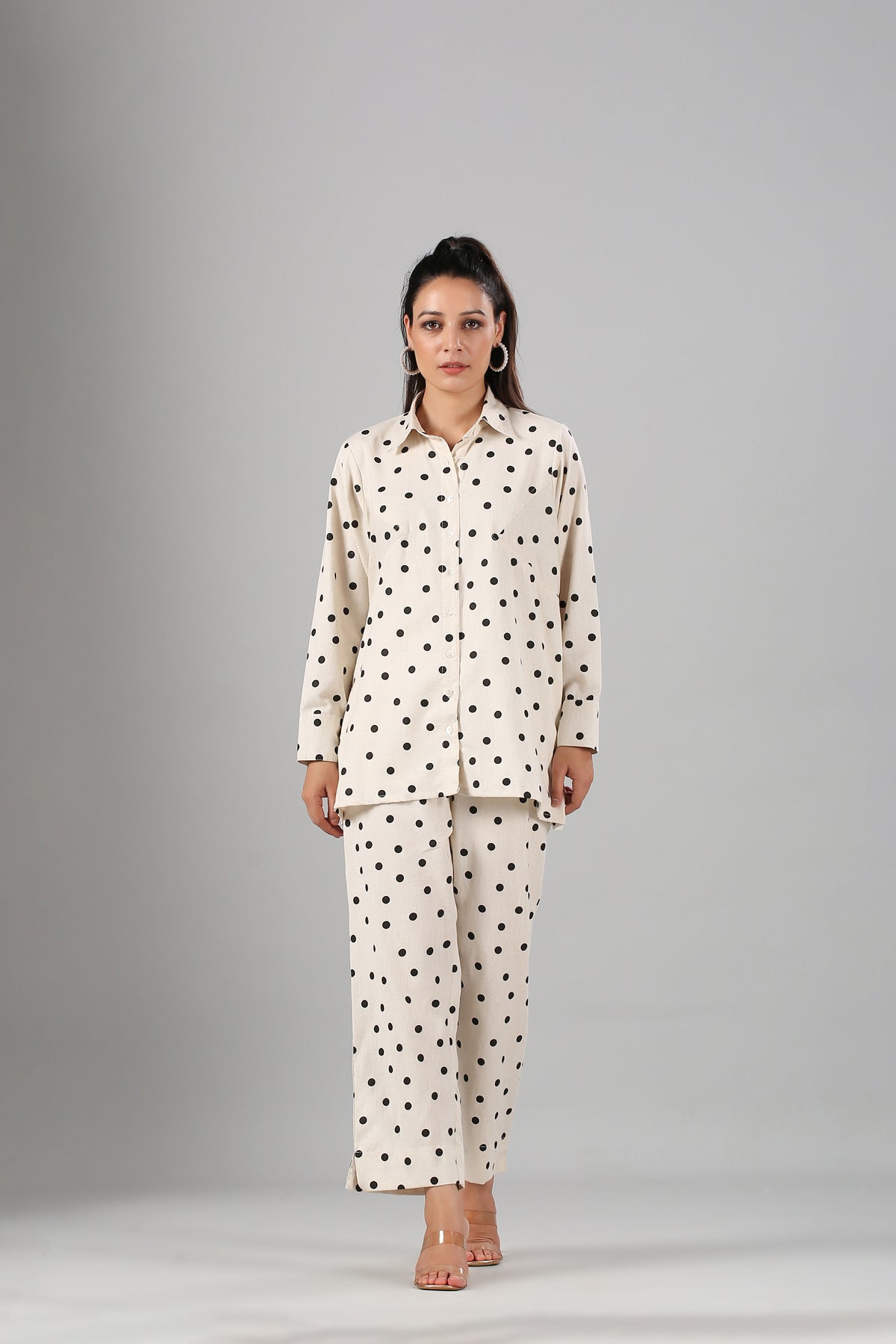 White Polka Co ord Set at Kamakhyaa by MOH-The Eternal Dhaga. This item is Cotton, Cotton Slub, Moh-The eternal Dhaga, Natural, Office Wear, Office Wear Co-ords, Polka Dots, Prints, Relaxed Fit, White, Womenswear