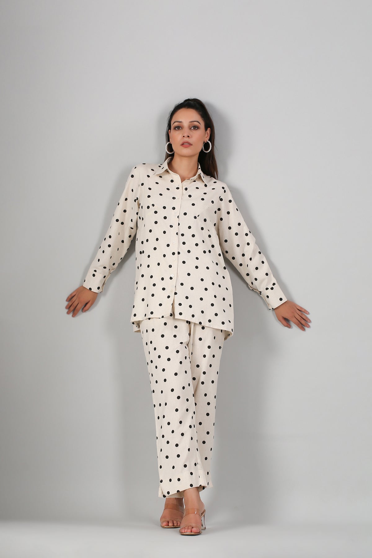 White Polka Co ord Set at Kamakhyaa by MOH-The Eternal Dhaga. This item is Cotton, Cotton Slub, Moh-The eternal Dhaga, Natural, Office Wear, Office Wear Co-ords, Polka Dots, Prints, Relaxed Fit, White, Womenswear