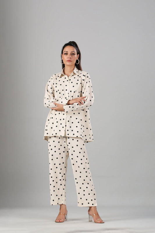 White Polka Co ord Set at Kamakhyaa by MOH-The Eternal Dhaga. This item is Cotton, Cotton Slub, Moh-The eternal Dhaga, Natural, Office Wear, Office Wear Co-ords, Polka Dots, Prints, Relaxed Fit, White, Womenswear