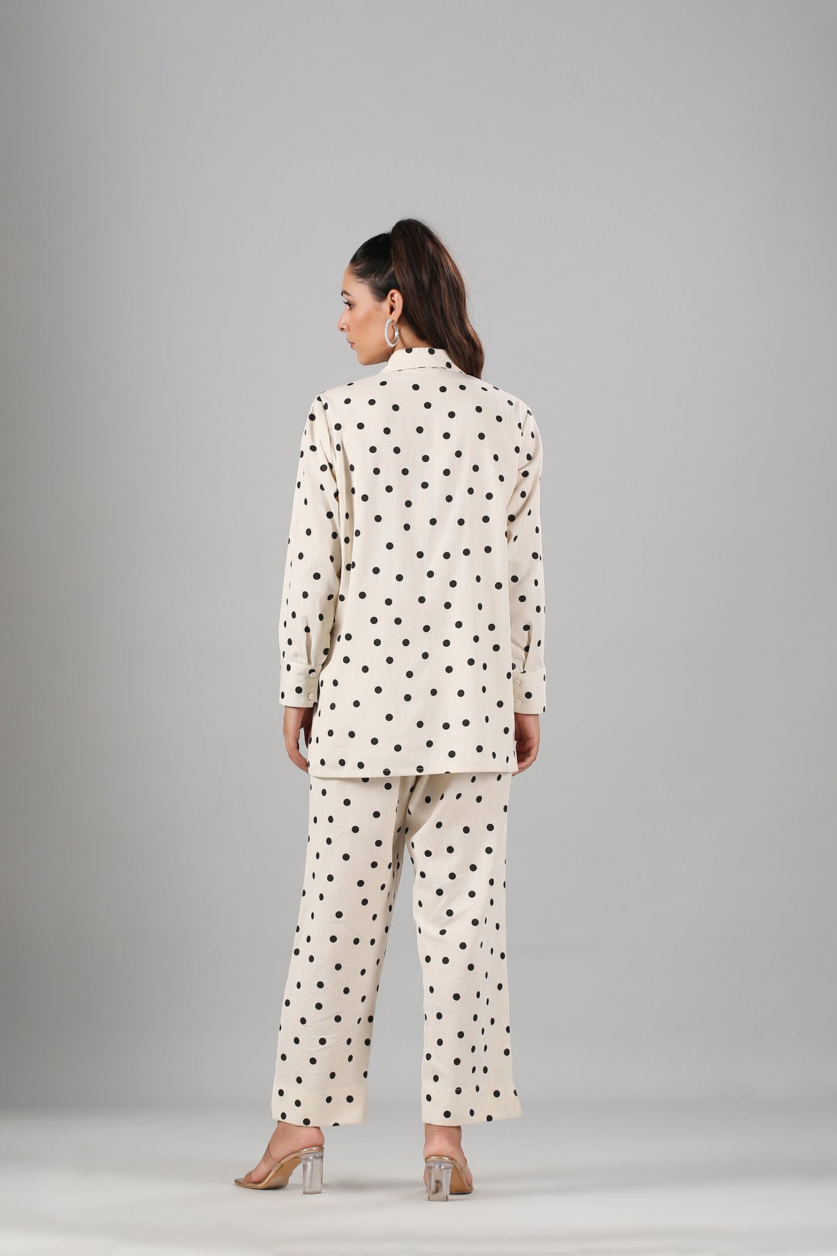 White Polka Co ord Set at Kamakhyaa by MOH-The Eternal Dhaga. This item is Cotton, Cotton Slub, Moh-The eternal Dhaga, Natural, Office Wear, Office Wear Co-ords, Polka Dots, Prints, Relaxed Fit, White, Womenswear