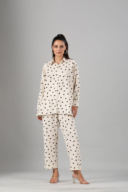 White Polka Co ord Set at Kamakhyaa by MOH-The Eternal Dhaga. This item is Cotton, Cotton Slub, Moh-The eternal Dhaga, Natural, Office Wear, Office Wear Co-ords, Polka Dots, Prints, Relaxed Fit, White, Womenswear