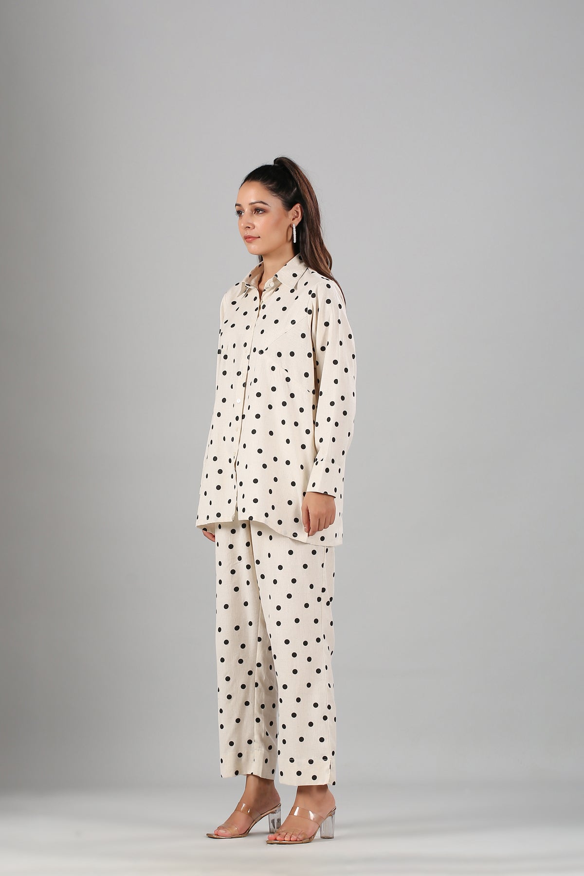 White Polka Co ord Set at Kamakhyaa by MOH-The Eternal Dhaga. This item is Cotton, Cotton Slub, Moh-The eternal Dhaga, Natural, Office Wear, Office Wear Co-ords, Polka Dots, Prints, Relaxed Fit, White, Womenswear